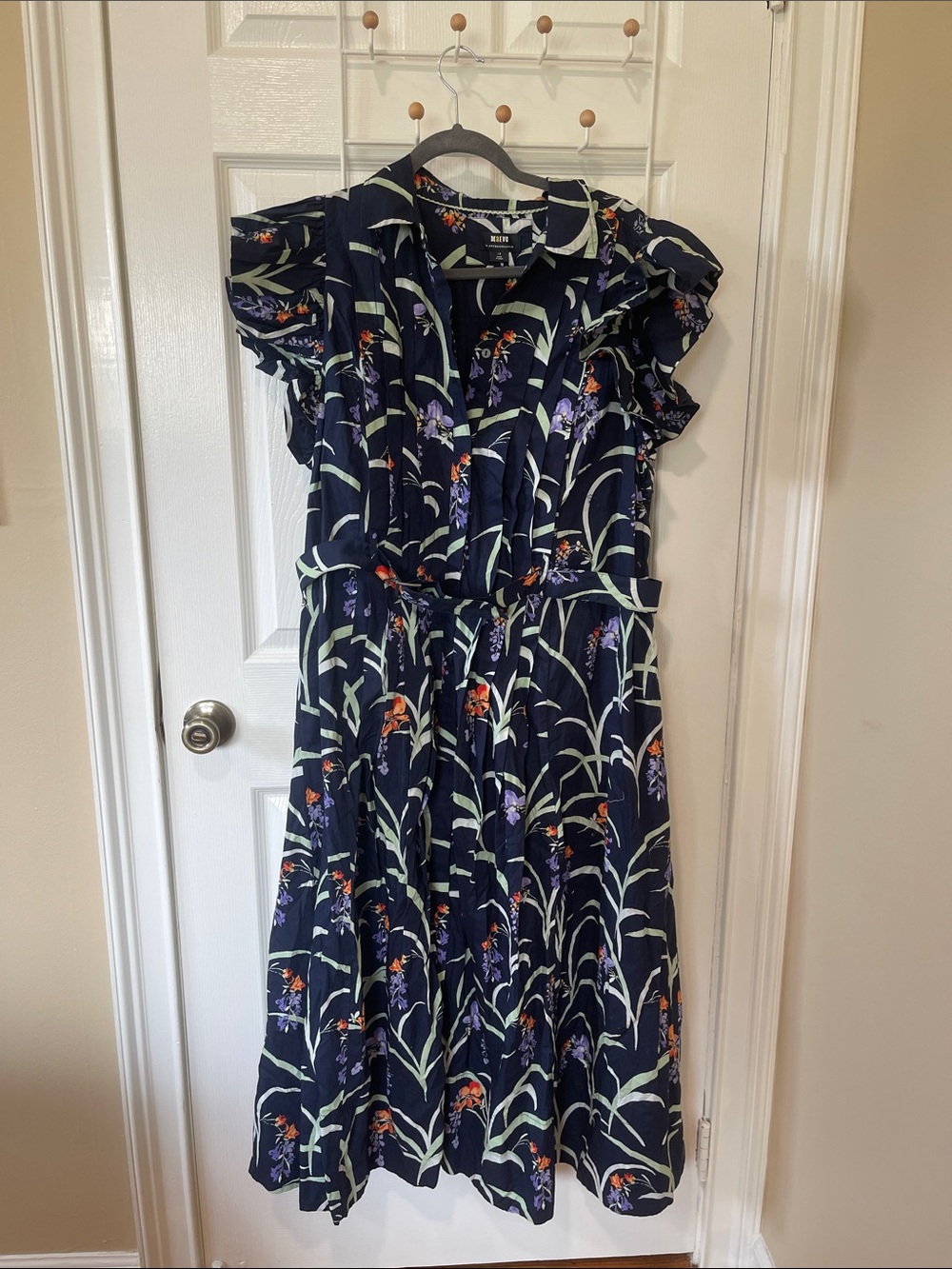 Floral Navy Maxi Dress with Waist band and Button  down